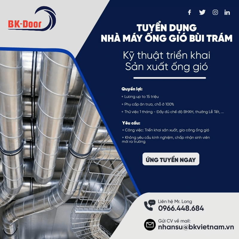 Tuyển dụng kỹ thuật triển khai sản xuất ống gió tại Bùi Trám