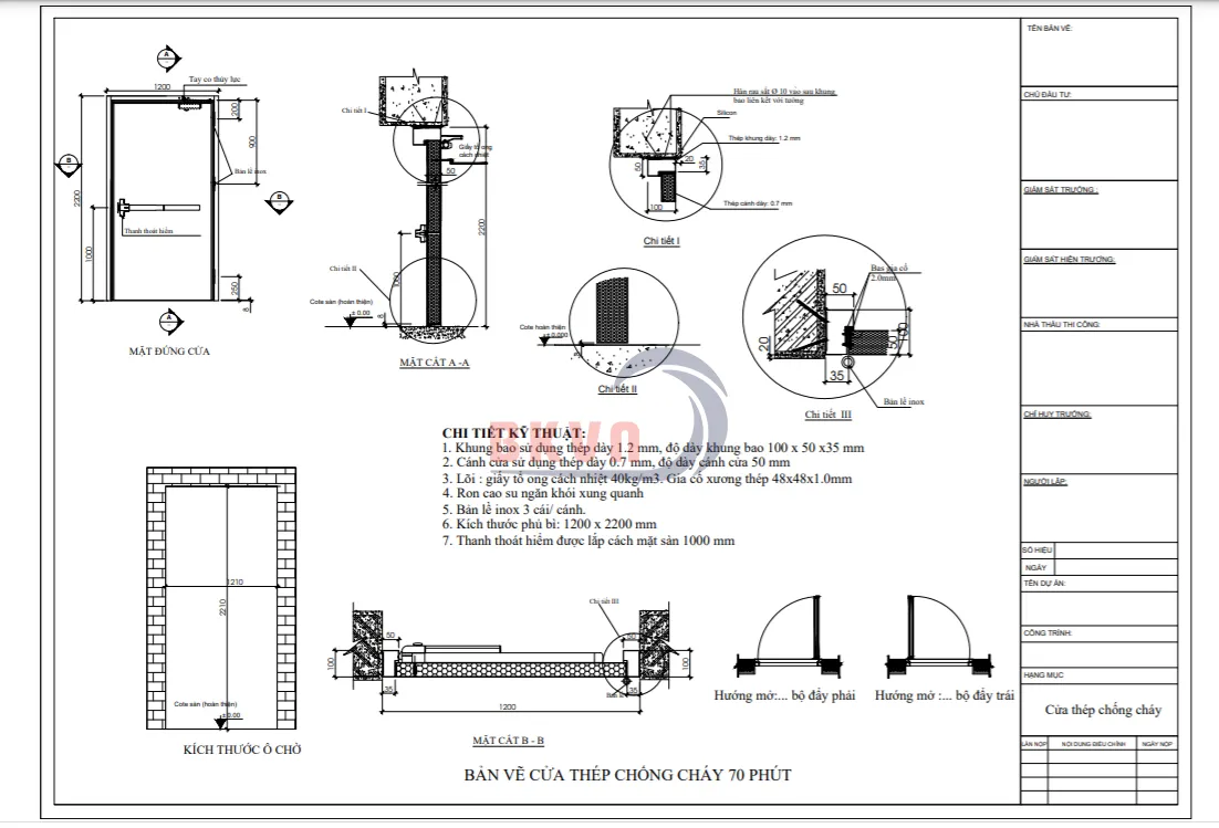 Bản vẽ cửa ngăn cháy 70 phút