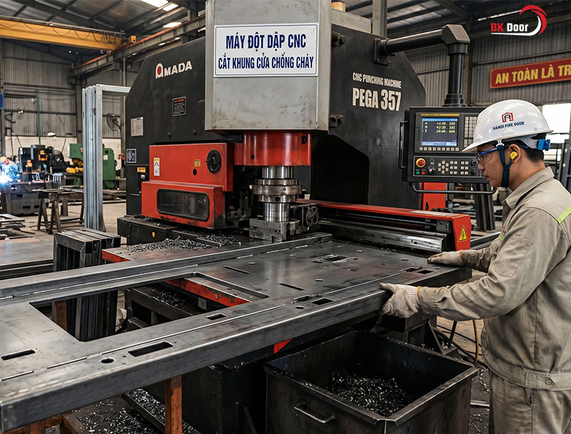 Tiến hành gia công cắt và đột dập khung cánh cửa
