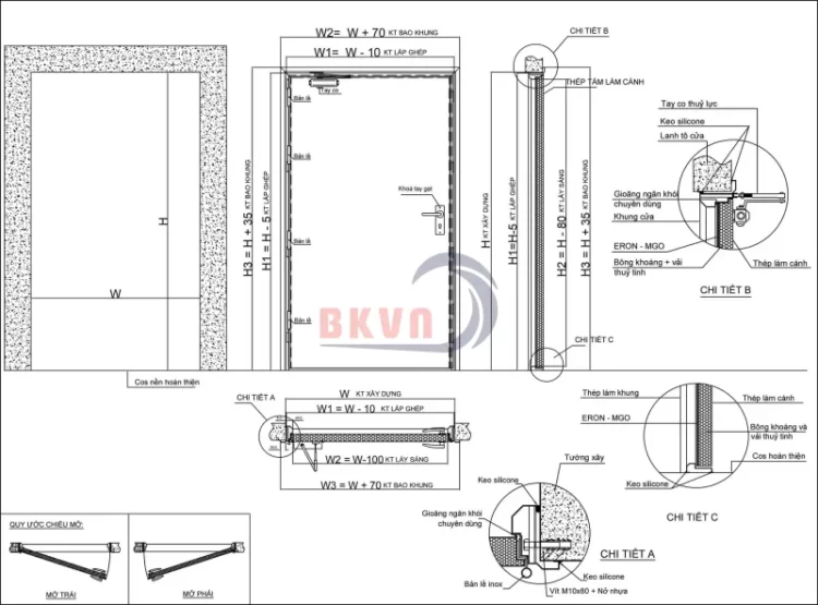 Bản vẽ cửa chống cháy 1 cánh tại BKVN