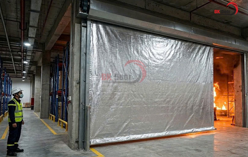 Rèm ngăn cháy sử dụng vật liệu vải thủy tinh tráng nhôm/bạc