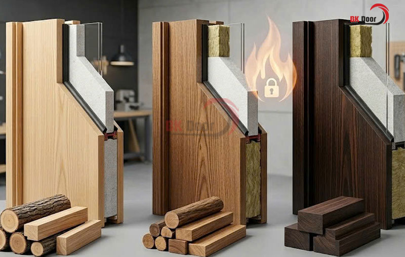 Cửa gỗ chống cháy hiện nay thường được sản xuất từ gỗ công nghiệp như HDF, MDF hoặc gỗ tự nhiên