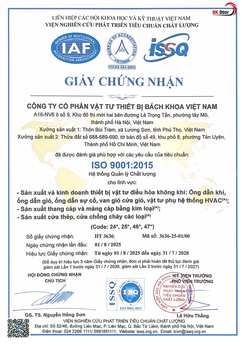 Giấy chứng nhận tiêu chuẩn ISO9001 của BK Door