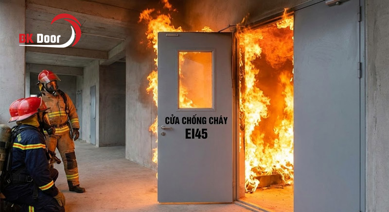 Cửa chống cháy EI45 ngăn chặn ngọn lửa mà không hề hấn gì