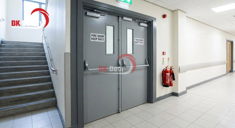 Cửa thép chống cháy 2 cánh đều thường được dùng làm cửa thoát hiểm tại bệnh viện, trường học