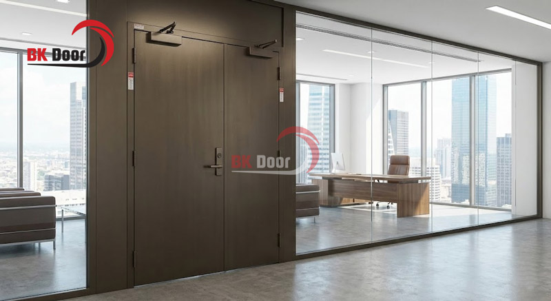 Cửa thép chống cháy 2 cánh lệch làm cửa văn phòng