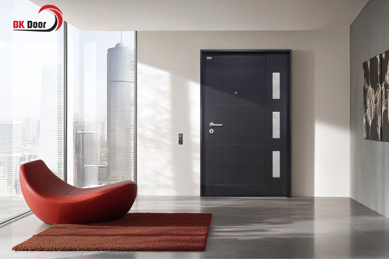 Cửa thép Laminate 1 cánh lệch có ô kính cho căn hộ chung cư/khách sạn