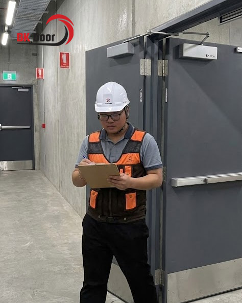 Một kỹ thuật viên BKDoor đang kiểm tra bảo dưỡng cửa thoát hiểm định kỳ