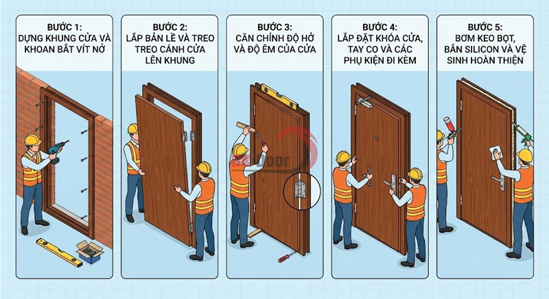 Cách lắp cửa thép vân gỗ theo quy trình 5 bước