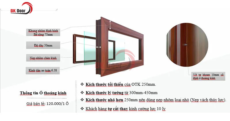 Cấu tạo ô thoáng kính được lắp ở cửa thép vân gỗ giúp tối ưu ánh sáng 
