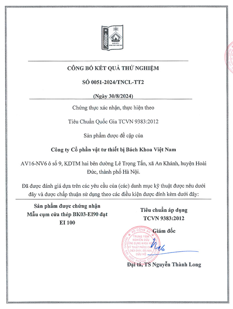 Chứng nhận tiêu chuẩn EI100 cửa 2 cánh chống cháy tay gạt BK DOOR EI90