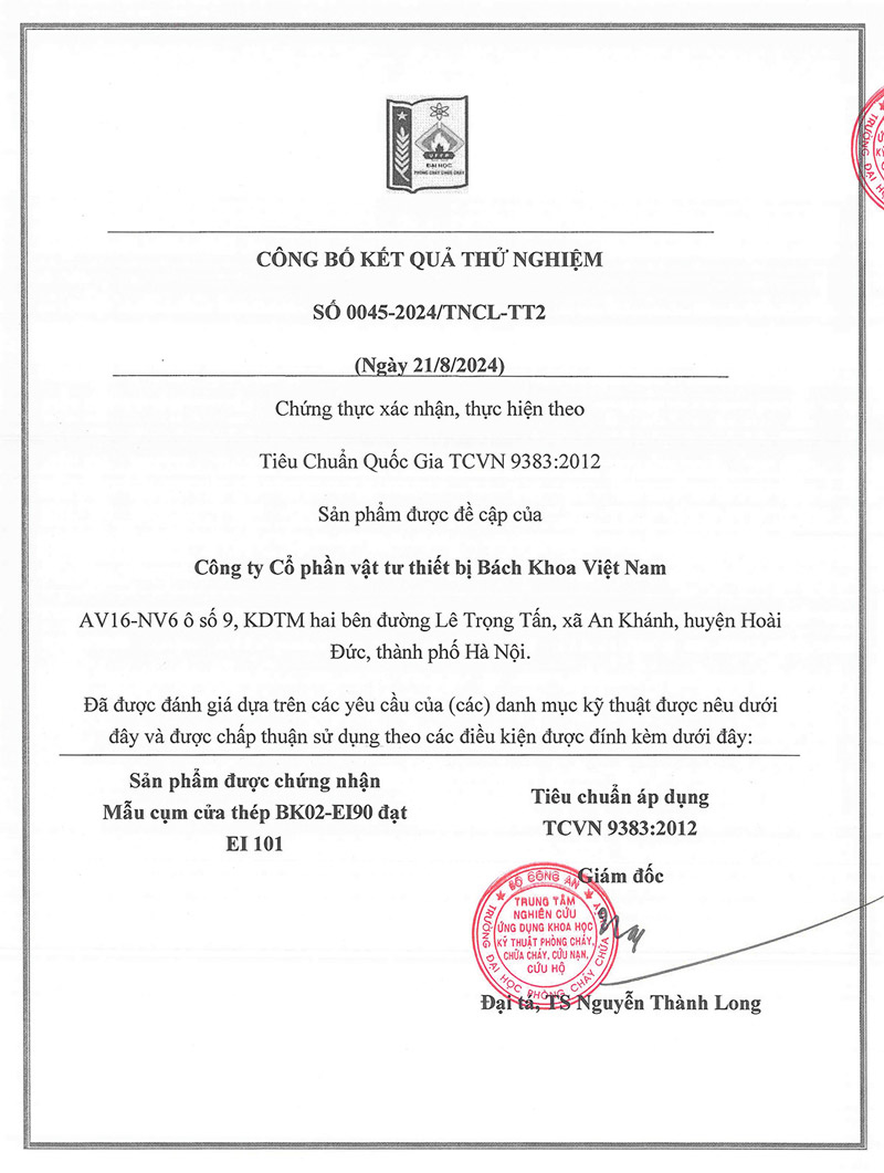 Chứng nhận tiêu chuẩn EI101 cửa 1 cánh chống cháy tay đẩy BK DOOR EI90