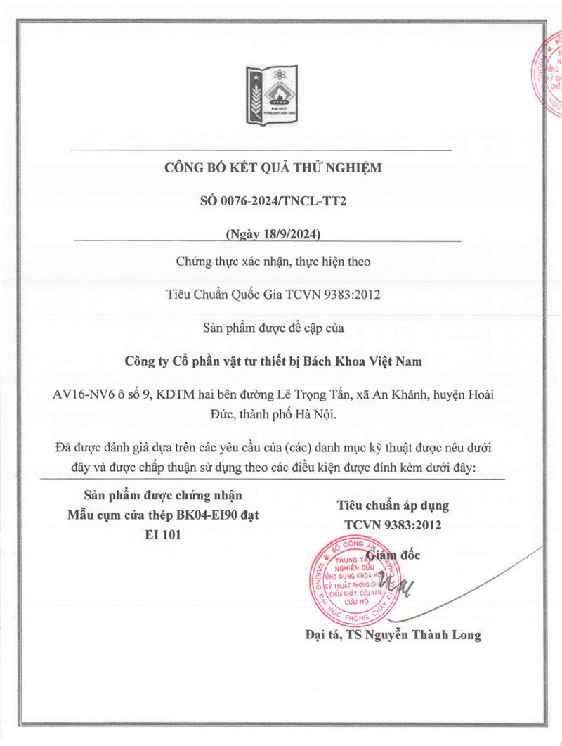 Chứng nhận tiêu chuẩn EI101 cửa 2 cánh chống cháy tay đẩy BK DOOR EI90