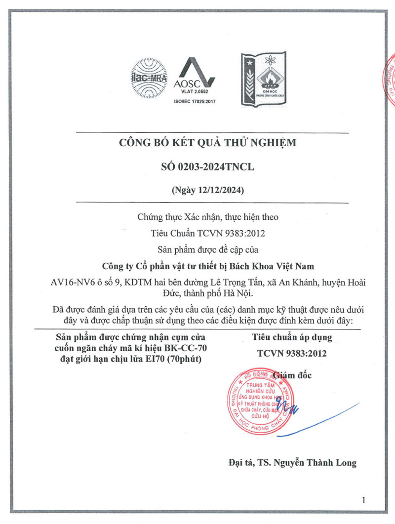 Chứng nhận tiêu chuẩn cửa cuốn chống cháy BK DOOR EI70