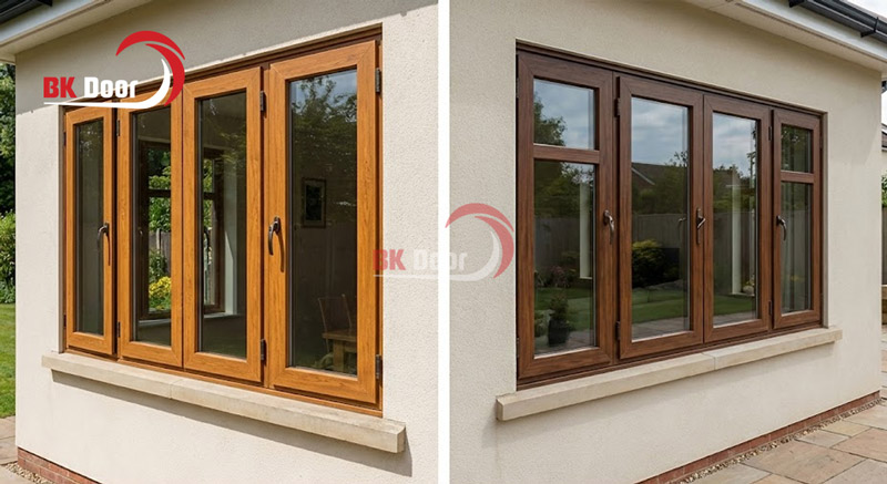 Cửa sổ thép vân gỗ 4 cánh có ô kính rất được ưa chuộng