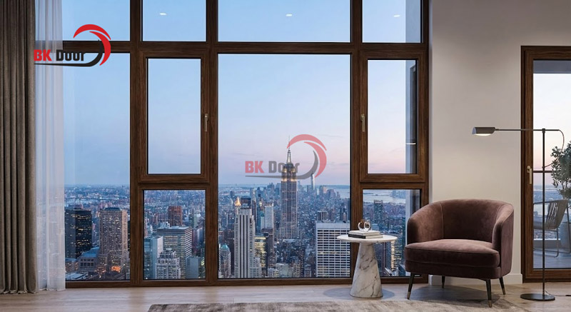 Cửa sổ thép vân gỗ có ô kính cho căn hộ chung cư cao cấp
