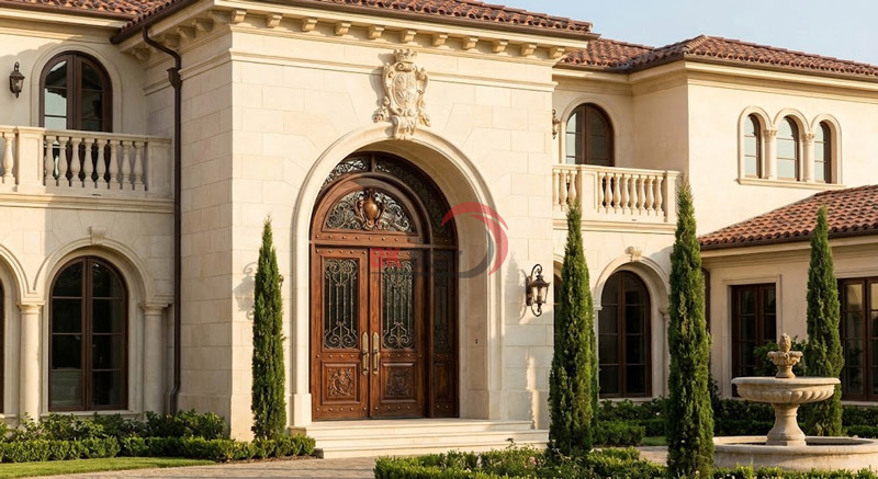 Cửa thép vân gỗ 2 cánh vòm nghệ thuật phong cách thời Phục Hưng