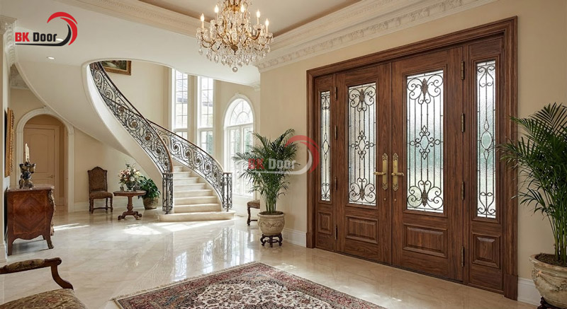 Cửa thép vân gỗ 4 cánh kính cho đại sảnh nhiều ánh sáng tự nhiên