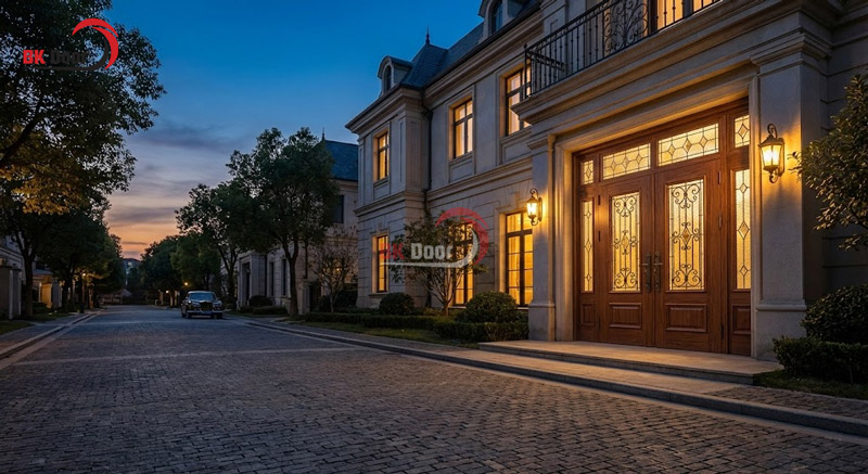 Cửa thép vân gỗ 4 cánh lệch cho cửa căn biệt thự sang trọng đẳng cấp