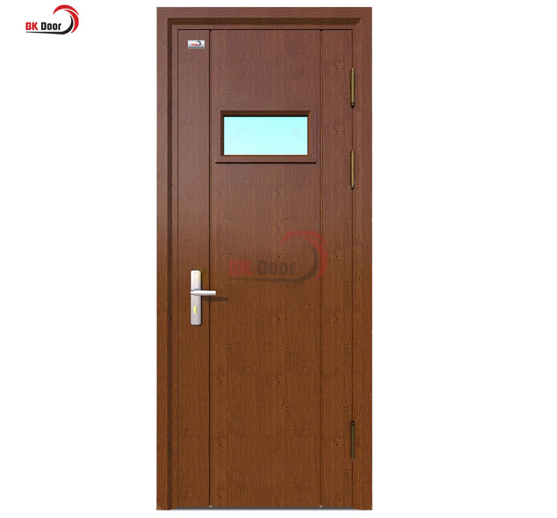 Mẫu cửa thép vân gỗ 1 cánh thiết kế có 1 ô kính