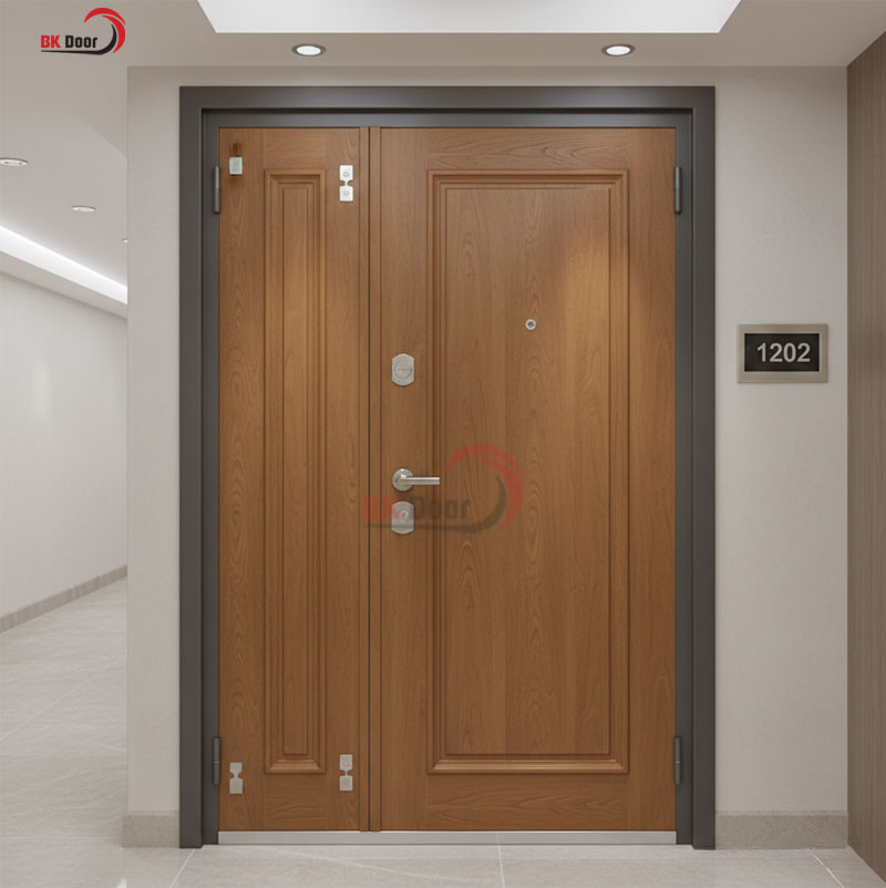 Cửa thép vân gỗ 2 cánh lệch thiết kế độc đáo làm cửa ra vào