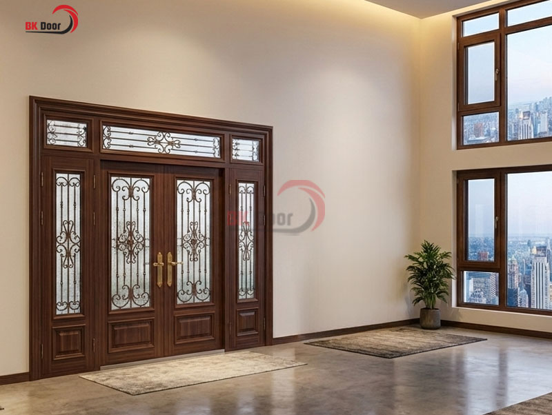 Mẫu cửa thép vân gỗ thiết kế 4 cách lệch đẹp