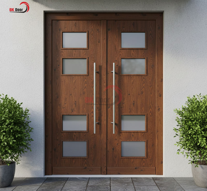 Mẫu cửa thép vân gỗ 2 cánh đều thiết kế hài hoà và sang trọng