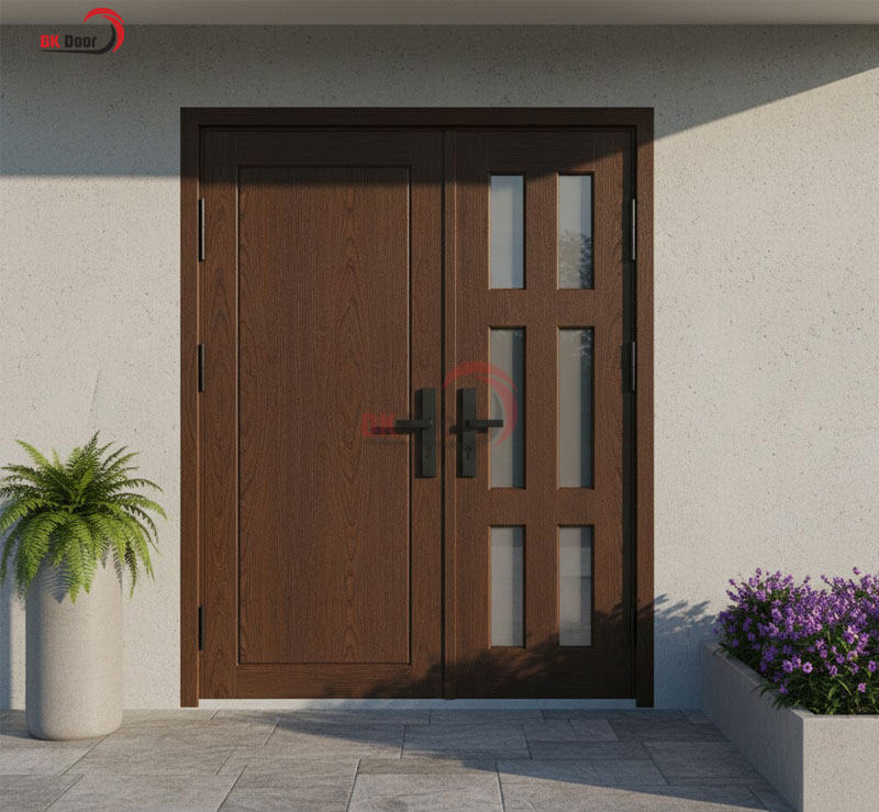 Mẫu cửa thép vân gỗ 2 cánh lệch phá cách