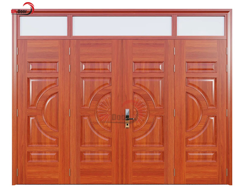 Mẫu cửa thép vân gỗ 4 cánh đều, an toàn và chắc chắn