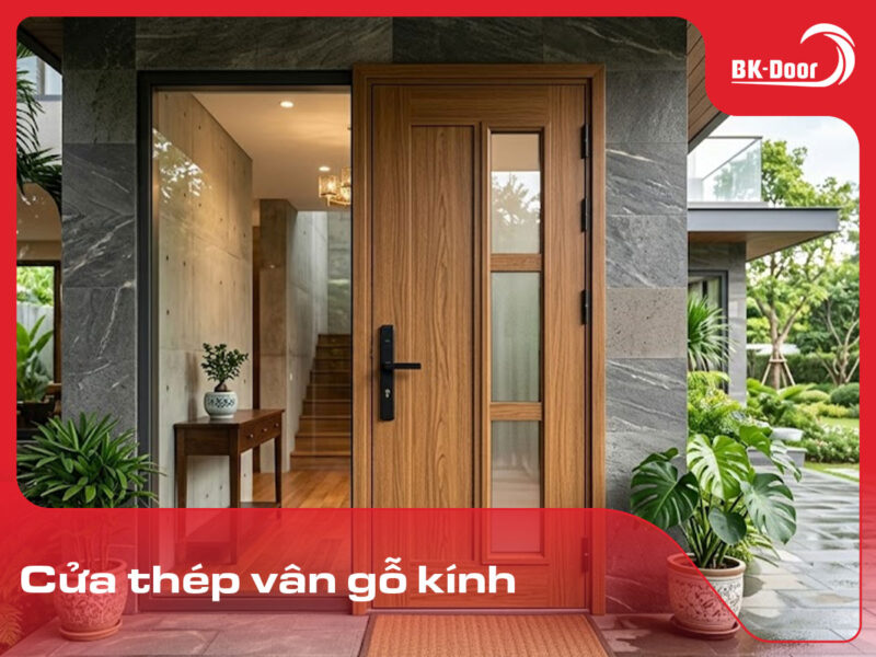 cửa thép vân gỗ kính