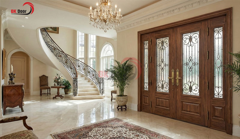 Cửa thép vân gỗ kết hợp hoa văn trang trí trên kính tinh xảo 