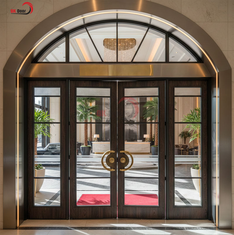 Cửa thép vân gỗ kính cường lực sử dụng ở sảnh khách sạn