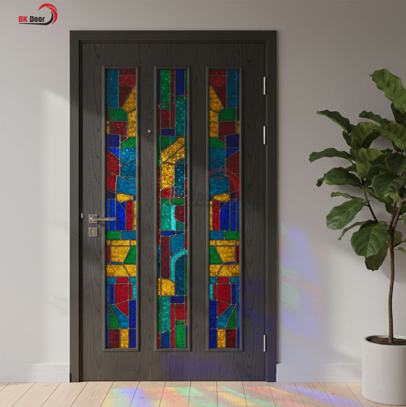 Cửa thép vân gỗ sử dụng kính màu là điểm nhấn đặc biệt cho không gian