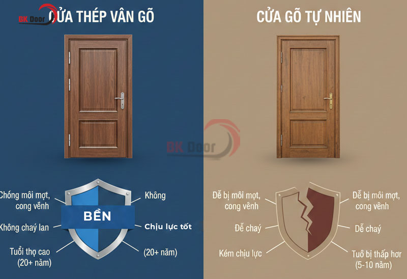 Cửa thép vân gỗ có độ bền cao hơn nhiều lần so với cửa gỗ