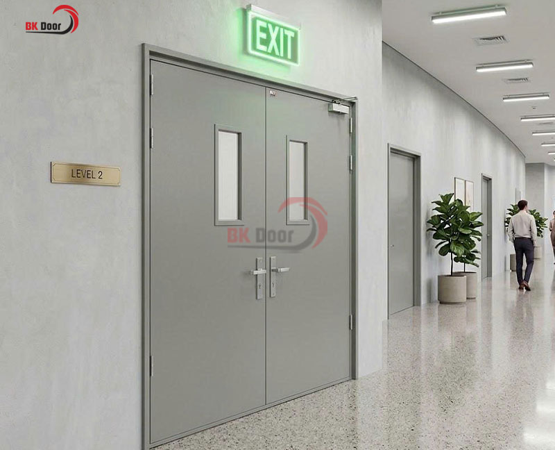 Cửa thép chống cháy 2 cánh đều ô kính BKD2-010 thiết kế chắc chắn, tích hợp ô kính quan sát phù hợp cho nhiều công trình