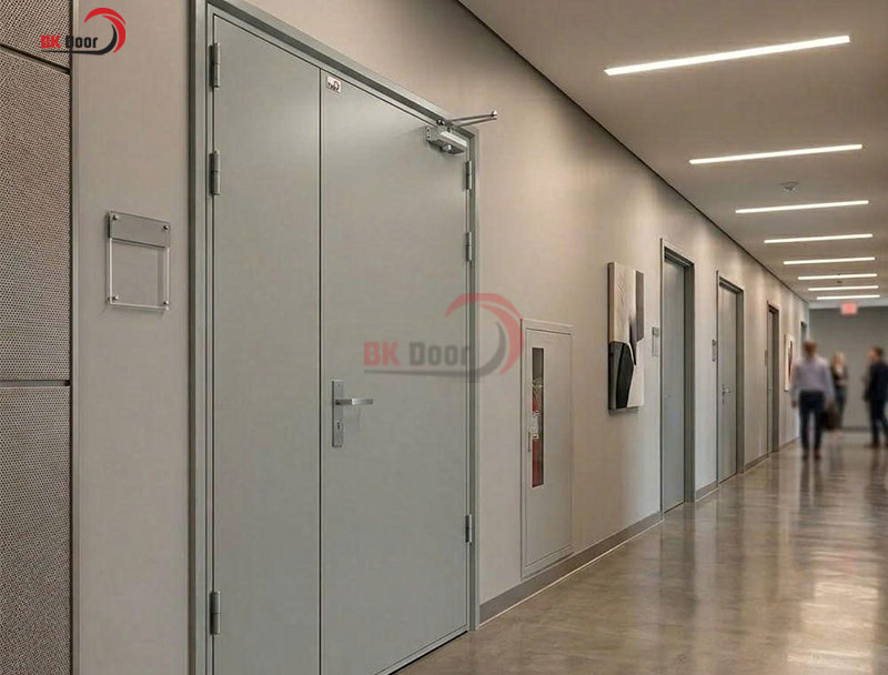Cửa thép chống cháy 2 cánh lệch BKD2-008 an toàn, bền chắc, tiện lợi khi sử dụng.