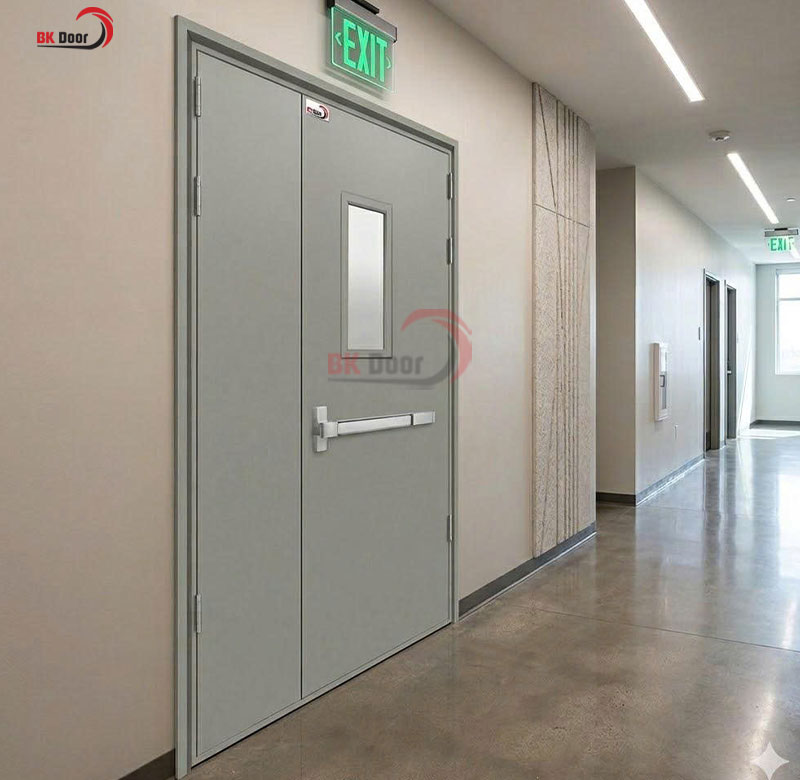 Cửa thép chống cháy 2 cánh lệch ô kính BKD2-007 bền đẹp, an toàn, phù hợp nhiều công trình.
