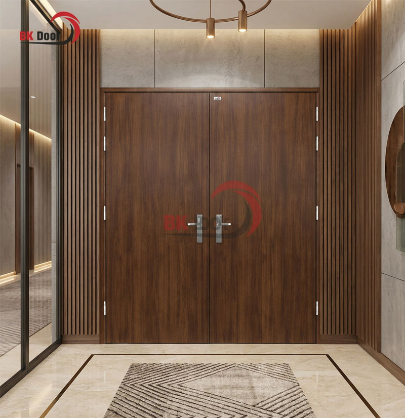 Cửa thép vân gỗ 2 cánh BK Door được sử dụng làm cửa chính căn hộ