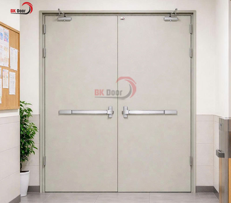 Cửa thép chống cháy 2 cánh đều BKD2-014 tích hợp thanh thoát hiểm, phù hợp lối thoát hiểm công trình.