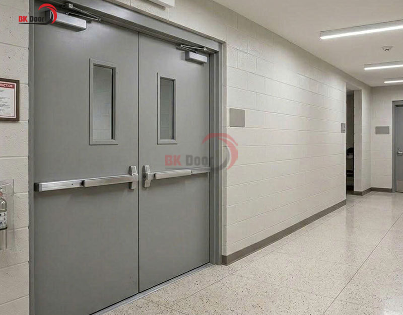 Cửa thép chống cháy 2 cánh đều ô kính BKD2-013 thiết kế cân đối hiện đại
