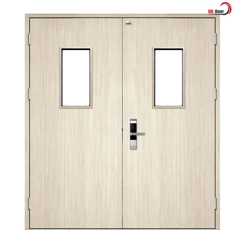 Cửa thép vân gỗ 2 cánh đều có ô kính - BK Door